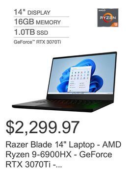 Costco Razer blade 14" laptop - amd ryzen 9-6900hx - geforce rtx 3070ti - windows 11 offer
