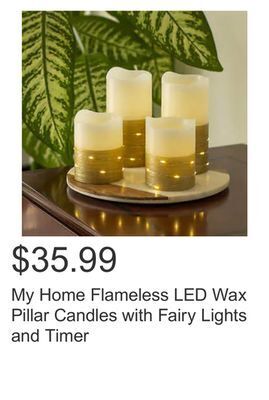 Costco My home flameless led wax pillar candles with fairy lights and timer offer
