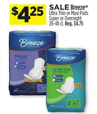 Dollar General Breeze™ ultra thin or maxi pads super or overnight offer