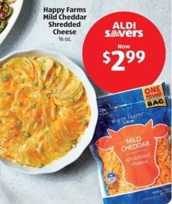 Aldi Happy Farms Mild Cheddar Shredded Cheese 16 oz. offer