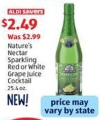 Aldi Nature's Nectar Sparkling Red or White Grape Juice Cocktail 25.4 oz. offer