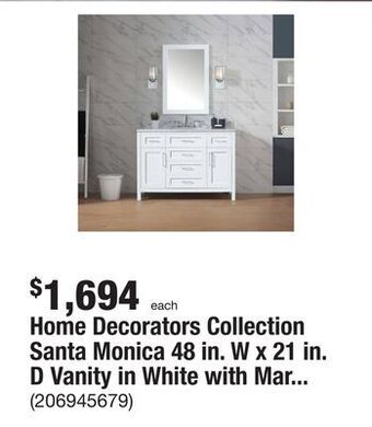 The Home Depot Home decorators collection santa monica 48 in. w x 21 in. d vanity in white with marble vanity top in white with white basin offer