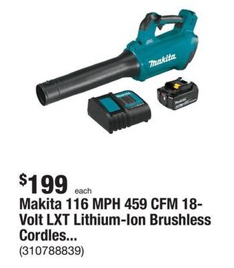 The Home Depot Makita 116 mph 459 cfm 18-volt lxt lithium-ion brushless cordless blower kit offer