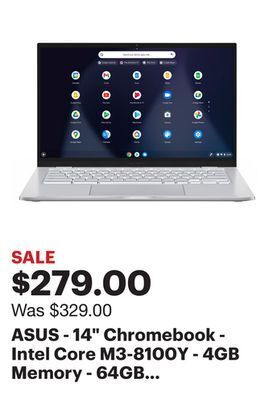 Best Buy Asus - 14" chromebook - intel core m3-8100y - 4gb memory - 64gb emmc - silver offer