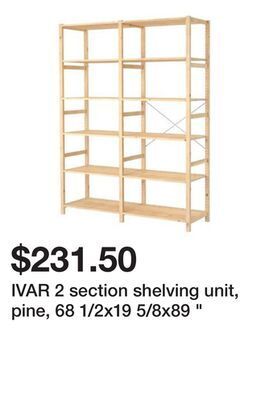 Ikea Ivar 2 section shelving unit, pine, 68 1/2x19 5/8x89 " offer