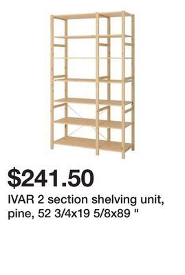 Ikea Ivar 2 section shelving unit, pine, 52 3/4x19 5/8x89 " offer