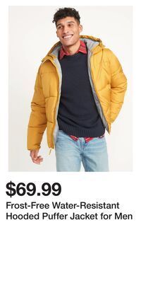 Old Navy Frost-free water-resistant hooded puffer jacket for men offer
