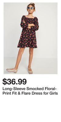 Old Navy Long-sleeve smocked floral-print fit & flare dress for girls offer