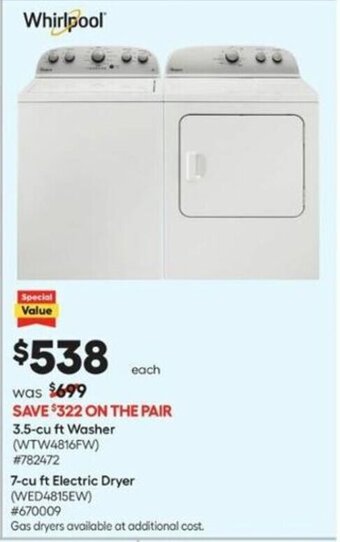 Lowe's 3.5-cu ft. Washer, 7 cu ft. Electric Dryer offer