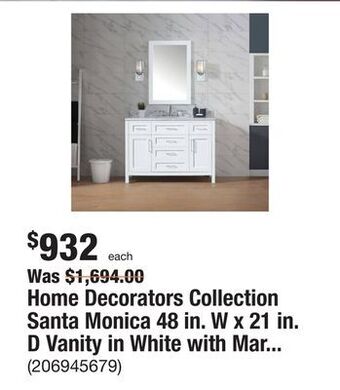 The Home Depot Home decorators collection santa monica 48 in. w x 21 in. d vanity in white with marble vanity top in white with white basin offer