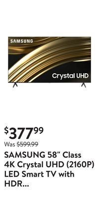 Walmart Samsung 58" class 4k crystal uhd (2160p) led smart tv with hdr un58tu7000 offer