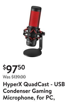 Walmart Hyperx quadcast - usb condenser gaming microphone, for pc, ps4, ps5 and mac, anti-vibration shock mount, four polar patterns, offer