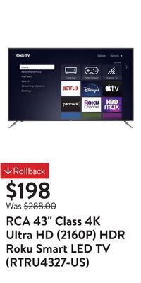 Walmart Rca 43" class 4k ultra hd (2160p) hdr roku smart led tv (rtru4327-us) offer