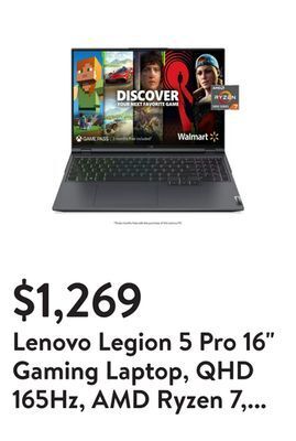 Walmart Lenovo legion 5 pro 16" gaming laptop, qhd 165hz, amd ryzen 7, nvidia geforce rtx 3070, 16gb ram, 512gb ssd, windows 11 home, offer