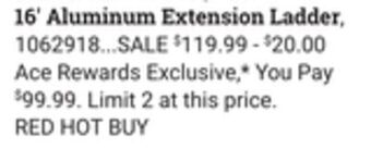 Ace Hardware 16' aluminum extension ladder offer