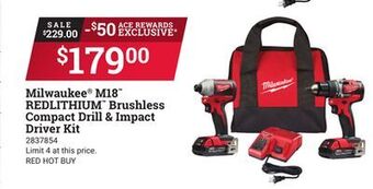 Ace Hardware Milwaukee® m18™ redlithium™ brushless compact drill & impact driver kit offer