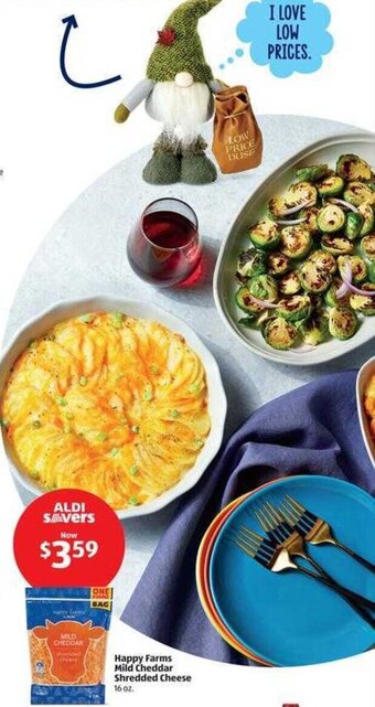 Aldi Happy Farms Mild Cheddar Shredded Cheese 16 oz. offer