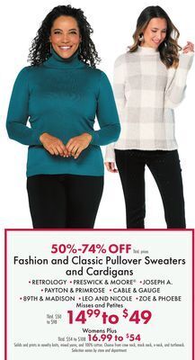Boscov's Fashion and classic pullover sweaters and cardigans offer