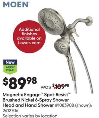 Lowe's Magnetix engage™ spot-resist™ brushed nickel 6-spray shower head and hand shower offer