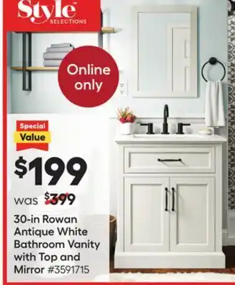 Lowe's Rowan antique white bathroom vanity with top and mirror offer