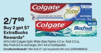 CVS Colgate optic white stain fighter 4.2 oz, total 3.3 oz, max fresh 6.0 oz and larger, 2in1 4.6 oz toothpastes offer