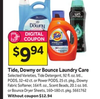 Stop&Shop Tide, downy or bounce laundry care offer