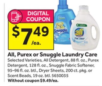 Stop&Shop All, purex or snuggle laundry care offer