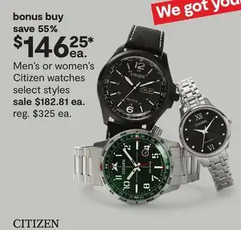 JC Penney Men's or women's citizen watches offer