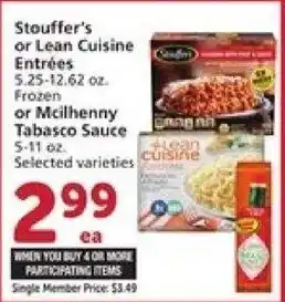 Vons Stouffer's or Lean Cuisine Entrees 5.25-12.62 oz. or Mcilhenny Tabasco Sauce 5-11 oz. offer