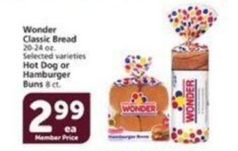 Vons Wonder Classic Bread 20-24 oz. ,Hot Dog or Hamburger Buns 8 ct. offer