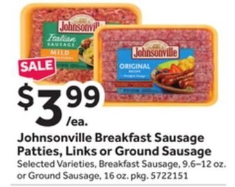 Stop&Shop Johnsonville breakfast sausage patties, links or ground sausage offer