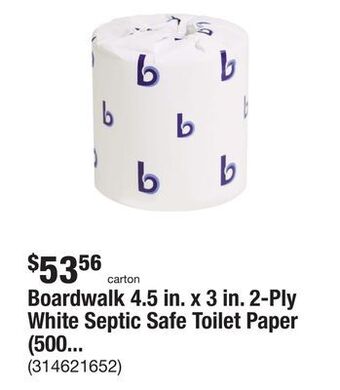 The Home Depot Boardwalk 4.5 in. x 3 in. 2-ply white septic safe toilet paper (500-sheets/roll, 96-rolls/carton) offer