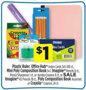 Dollar General Plastic Ruler, Office Hub Index Cards, Mini Poly Composition Book, Imagine Pencils, Pencil Sharpener Or Umbo Crayons Or Imagi offer