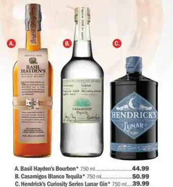 Meijer Basil Hayden's Bourbon, Casamigos Blanco Tequila, Hendrick's Curiosity Series Lunar Gin offer
