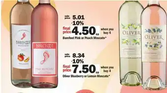 Meijer Barefoot Pink Or Peach Moscato, Oliver Blueberry Or Lemon Moscato offer