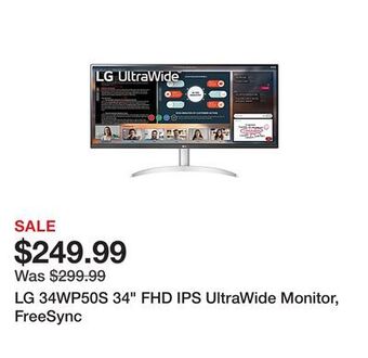 Office Depot Lg 34wp50s 34" fhd ips ultrawide monitor, freesync offer