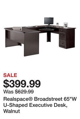 Office Depot Realspace® broadstreet 65"w u-shaped executive desk, walnut offer
