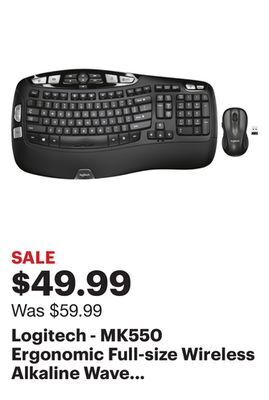 Best Buy Logitech - mk550 ergonomic full-size wireless alkaline wave keyboard and mouse bundle - black offer