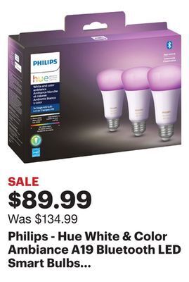 Best Buy Philips - hue white & color ambiance a19 bluetooth led smart bulbs (3-pack) - multicolor offer