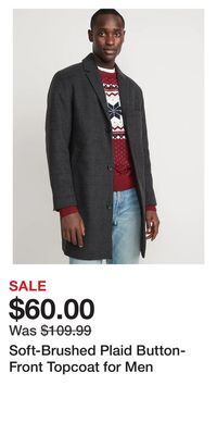 Old Navy Soft-brushed plaid button-front topcoat for men offer