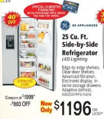 G.E. Appliances 25 Cu. Ft. Side-By-Side Refrigerator Led Lighting