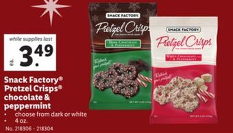 Lidl Snack factory® pretzel crisps® chocolate & peppermint offer