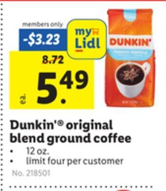 Lidl Dunkin' ® original blend ground coffee offer