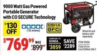 Harbor Freight Tools Predator 9000 Watt Gas Powered Portable Generator with Co Secure Technology offer