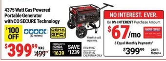 Harbor Freight Tools Predator 4375 Watt Gas Powered Portable Generator with Co Secure Technology offer