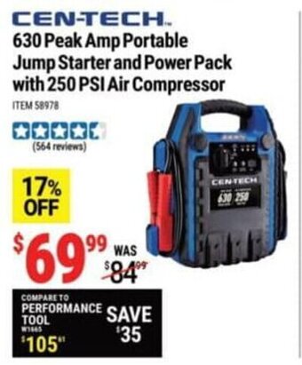 Harbor Freight Tools Cen-Tech 630 Peak Amp Portable Jump Starter and Power Pack with 250 PSI Air Compressor offer