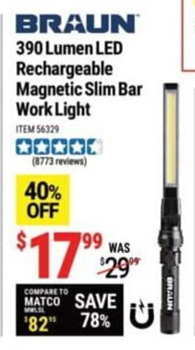 Harbor Freight Tools Braun 390 Lumen Led Rechargeable Magnetic Slim Bar Work Light offer