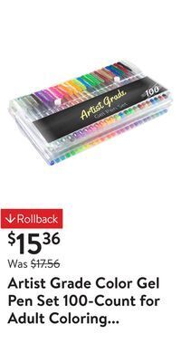 Walmart Artist grade color gel pen set 100-count for adult coloring scrapbooking doodling comic animation offer