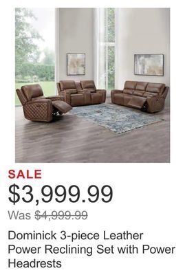 Costco Dominick 3-piece leather power reclining set with power headrests offer
