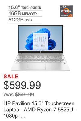 Costco Hp pavilion 15.6" touchscreen laptop - amd ryzen 7 5825u - 1080p - windows 11 offer